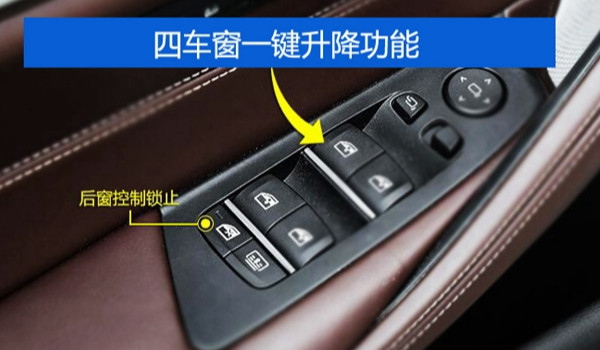 最下方为汽车后车窗的锁止按键,主要防止后排儿童私自开闭车窗.