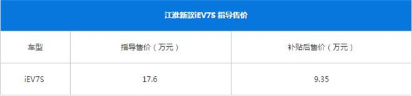 江淮IEV7S最新报价 江淮IEV7S补贴后9.35万元