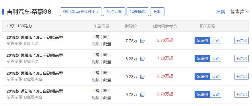 吉利帝豪gs最低多少钱 18款手动版最高优惠10000售价仅6.78万