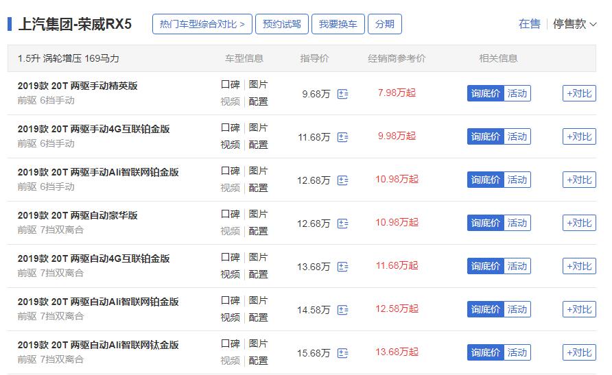 荣威rx5官方报价 荣威rx5经销商优惠2W最低售价仅7.98万