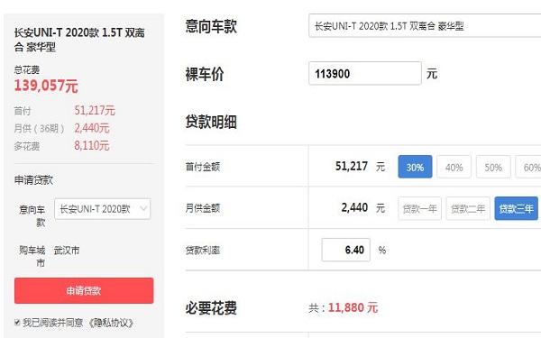 长安uni-t分期首付多少 首付51217元月供2440元