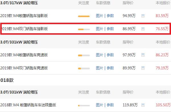 宝马m4最低多少万落地 宝马m4最低落地价为85.6万