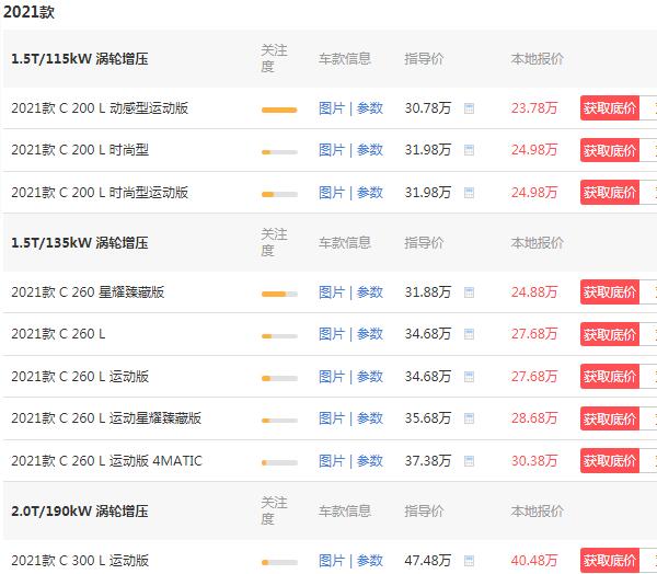 奔驰c200最新价格 2021款奔驰c200仅售23万(370牛米强大扭矩)