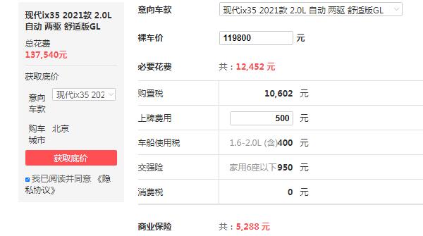 北京现代ix35裸车多少钱 2021款售价11万(内饰配置十分丰富)