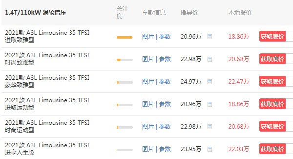 奥迪a3l新车报价2021款落地多少钱 2021款仅售18万