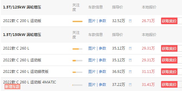 奔驰c200最新价格 全新2022款仅售26万(百公里加速仅需7.5秒)