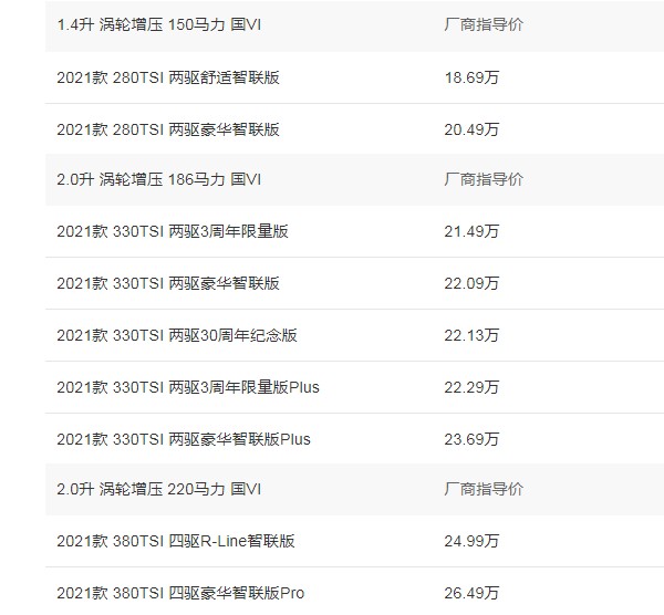 探岳2021款新款价格 探岳2021款售价18万