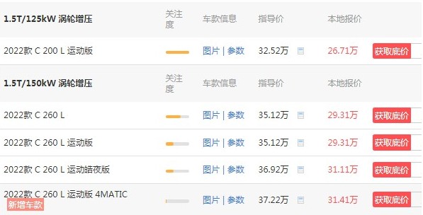 奔驰c200最新价格 全新2022款裸车价26万(百公里加速仅需7.5秒)