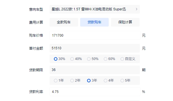 吉利星越L车型2022款分期首付多少 星越L首付7.45万元（36期3589元）