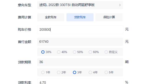 2022款大众途观L贷款利息多少 2022款大众途观L入门车型分36期利息10776元