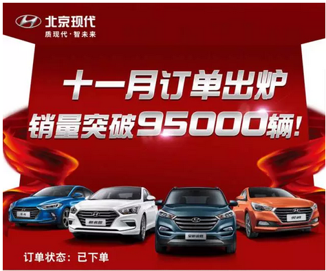  北京现代2017年11月汽车销量近10万 