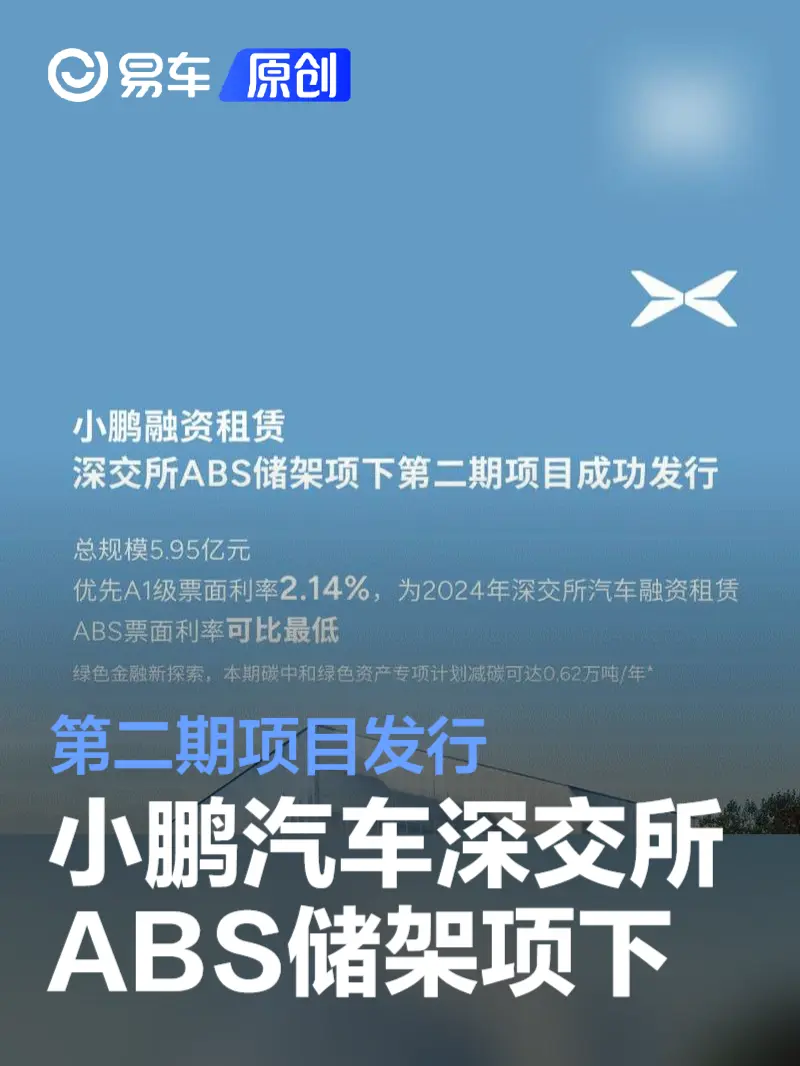 小鹏汽车深交所ABS储架项下第二期项目发行 总规模达5.95亿元